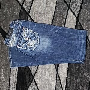 MISS ME EMBROIDERED BLING STUD DISTRESSED MID-RISE BOOT-CUT DENIM JEAN